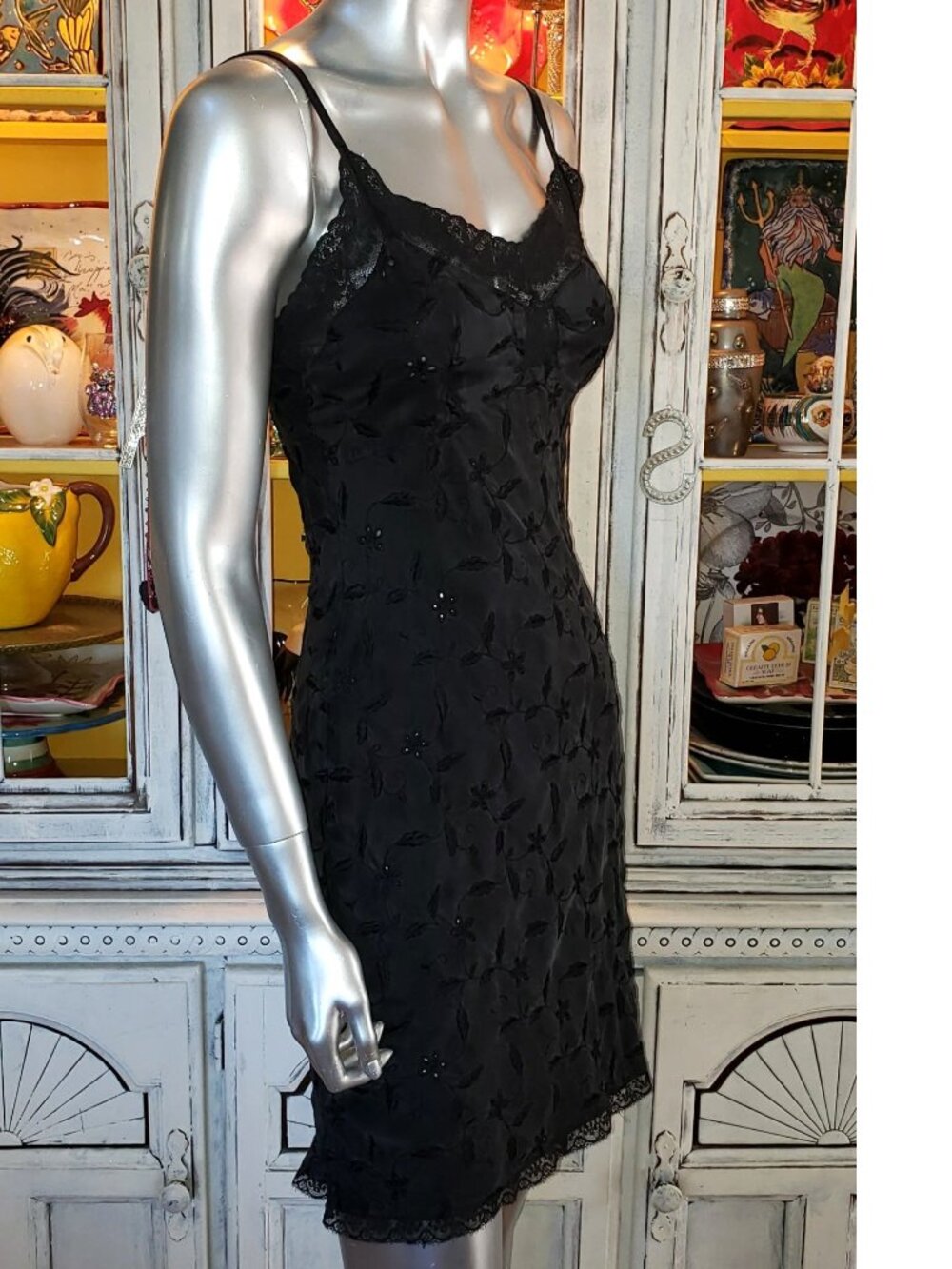 Vintage Betsey Johnson ULTRA Black Silk Embroidered Floral Lace Slip Dress Small - Picture 4 of 15